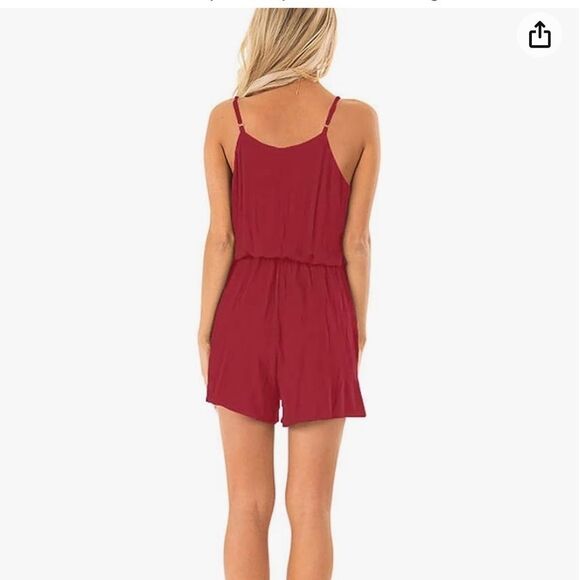 Woman’s Loose V Neck Spaghetti Strap Embroidered Short Rompers Jumpsuit - Picture 5 of 5